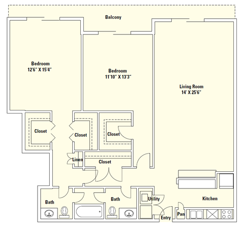 B2 1,275 Sq.Ft. Floor Plan at Memorial Towers Apartments, The Barvin Group, Houston, TX